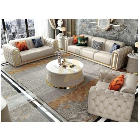 6 Seater leather sofa, center table and 2 side stool