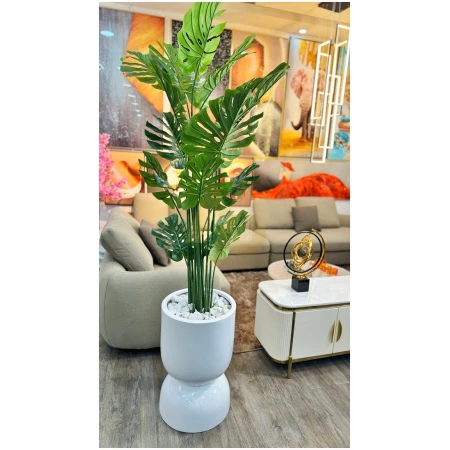 Green Artificial Monstera plant & fibre vase