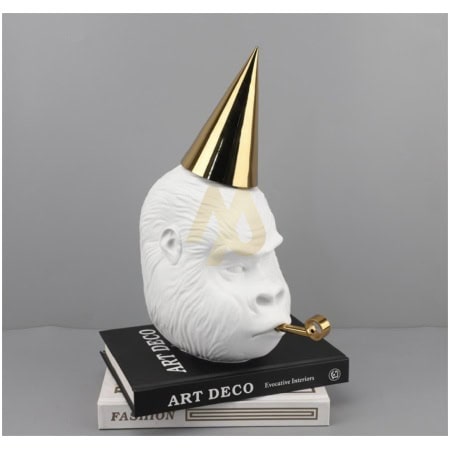 Gorilla Head Sculpture with Gold Accents