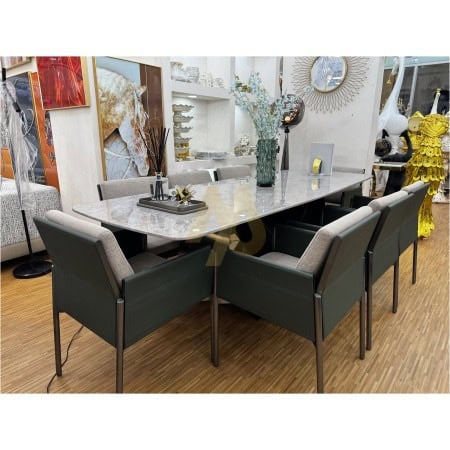 8-Seater Quartz Dining Set with Green Leather & Beige Fabric Chairs