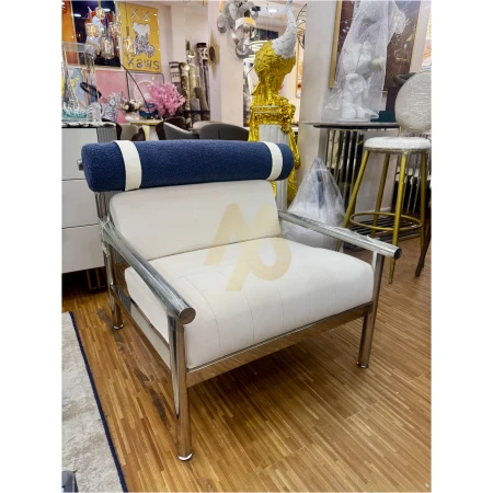 Cream Fabric Accent Chair with blue Neck Pillow