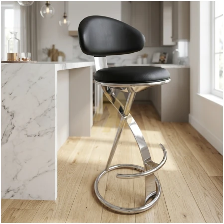 Black Leather Bar Stool with Steel Frame