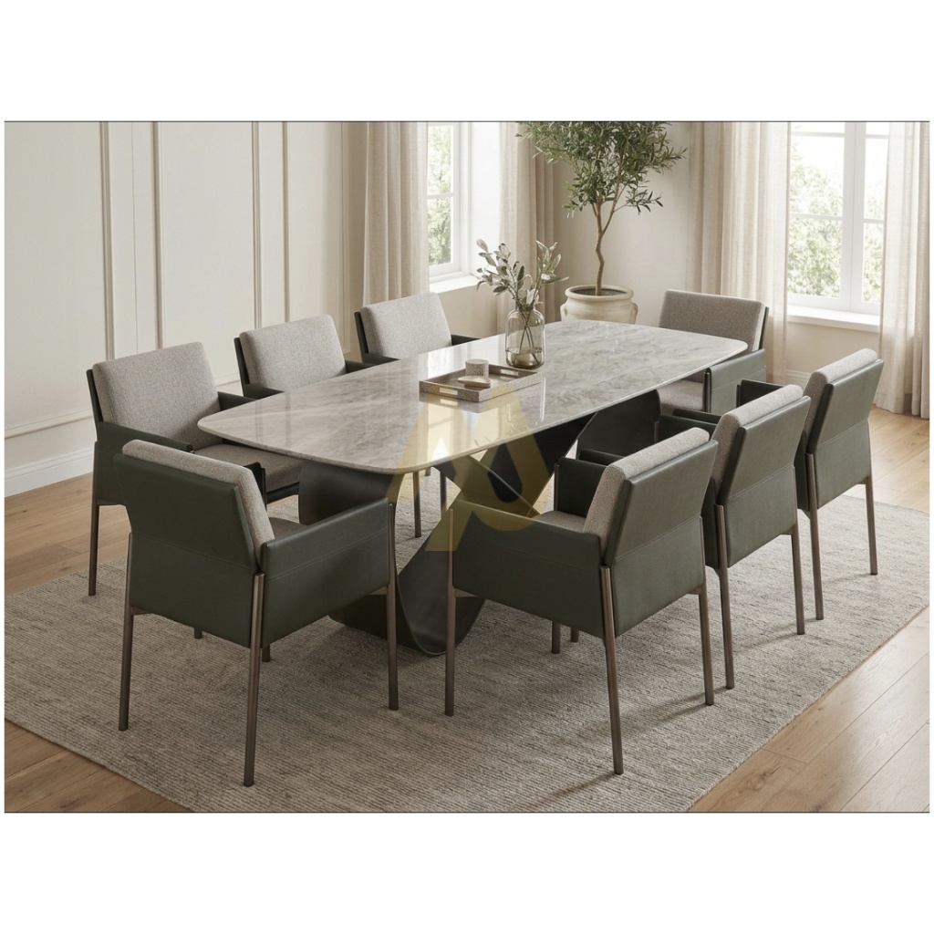 8-Seater Quartz Dining Set with Green Leather & Beige Fabric Chairs