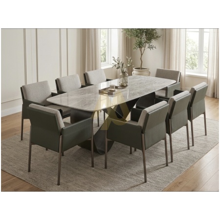 8-Seater Quartz Dining Set with Green Leather & Beige Fabric Chairs