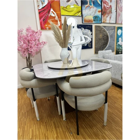 Stretchable Rotating Marble Dining Set with Beige Fabric Chairs