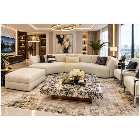 Beige Curved Four-Seater Sectional Sofa